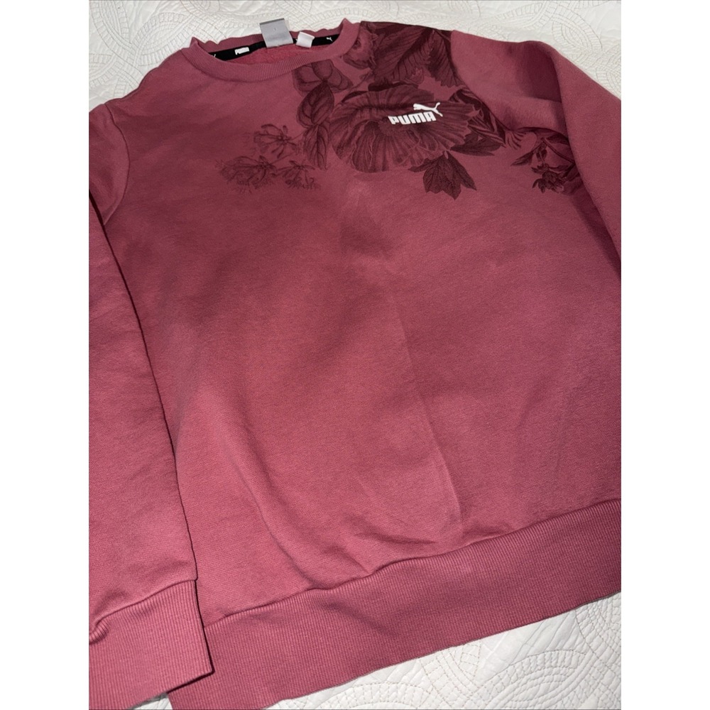 Puma Mauve Pink French Terry Floral PUMA Logo  Sweatshirt Size S